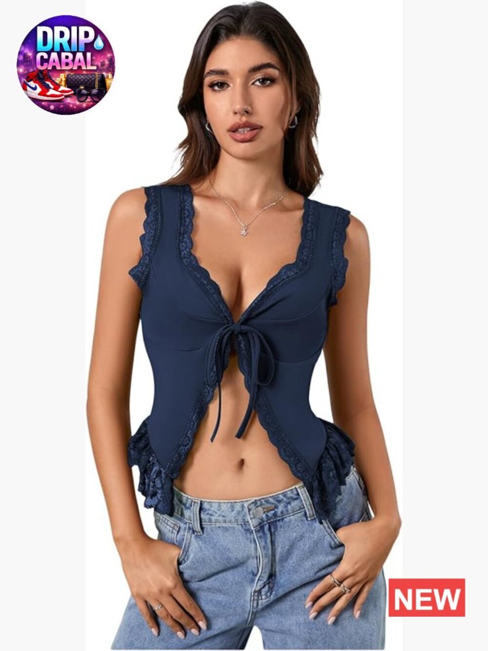 Lace Trim Front Tie Sleeveless Boho Crop Tank Top